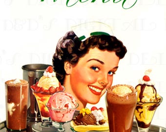 1950s Diner Menu Cover: Retro Waitress Illustration (Digital Download)