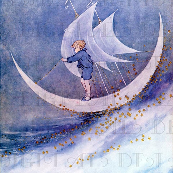 Enchanted Boy Floating On Half Moon In The Bubbly Sea! Fairy Tale Vintage DIGITAL Illustration.  Digital Download. Fairy Tale Digital PRINT.