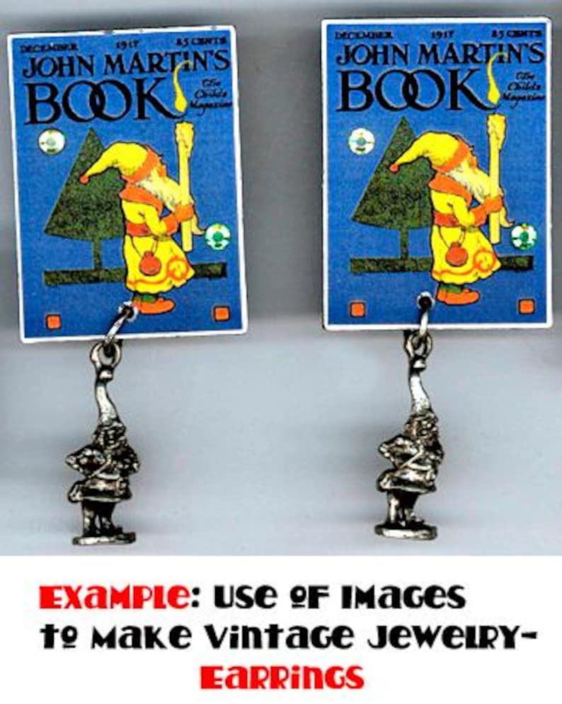 May include: A pair of earrings featuring a vintage illustration of a gnome holding a lantern, printed on a blue background with the text "John Martin's Book" and "The Child's Magazine".