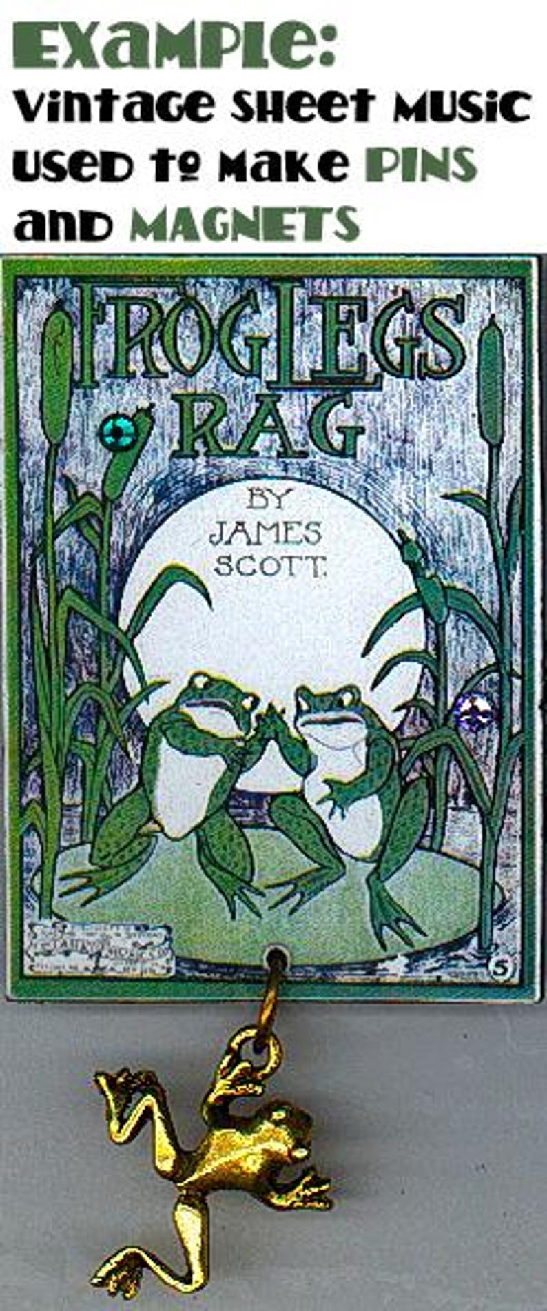 May include: A vintage sheet music page with the title "Frog Legs Rag" by James Scott. The page features two frogs sitting on lily pads in a pond. A gold frog pin is shown below the sheet music.
