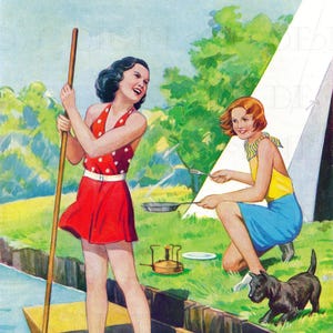GAROTAS VIVAS VÃO ACAMPAR! Ilustração VINTAGE. Imagem digital vintage para impressão. Impressão digital vintage para diversão de verão.