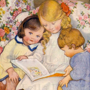 Schön Unser Lieblingsreim! Schwester LIEST den Geschwistern VOR! Vintage Buch, lesen Digitaler Download. Vintage Deko Digitaldruck.