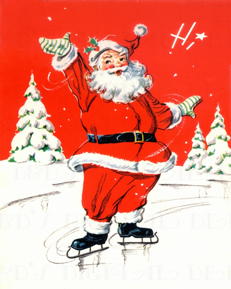 HI! Says RETRO Santa! Retro Christmas Illustration. 1950s Christmas Download. Digital Retro Santa Download. Mid Century Santa Card Print. image 1