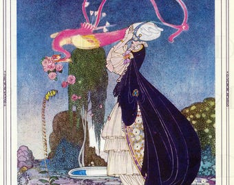 MAGNIFICENT  Pink Flying Bird.  Art Deco Kay Nielsen. Vintage  Fairy Tale DIGITAL Illustration. Art Deco Download. From FIRST Edition