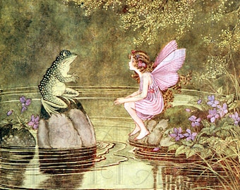 Mr. FROG Has a Chat with Pink FAIRY! Storybook Vintage Illustration. Digital Vintage Fairy Download. Digital Fairy Print. Ida Outhwaite.