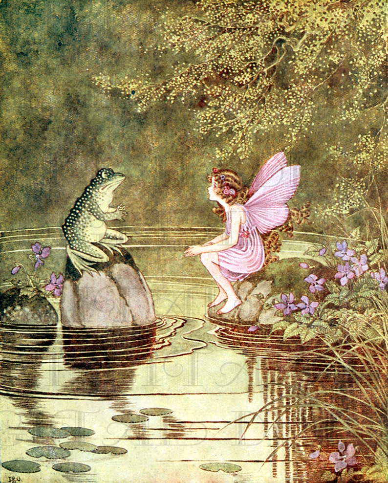 Mr. FROG Has a Chat with Pink FAIRY! Storybook Vintage Illustration. Digital Vintage Fairy Download. Digital Fairy Print. Ida Outhwaite. 