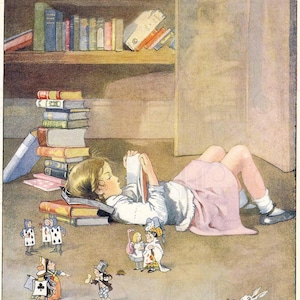 A Wonderland World.  Girl Reads While Alice and Friends Play. Alice in Wonderland Digital Download. Vintage Alice Illustration.