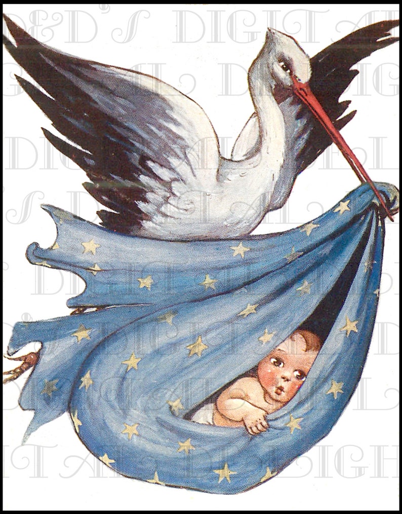 STORK Delivers Baby in a Star Dappled Blanket Vintage BABY Illustration. Digital Baby Stork DOWNLOAD. Perfect for Baby Shower Gift Tags image 1