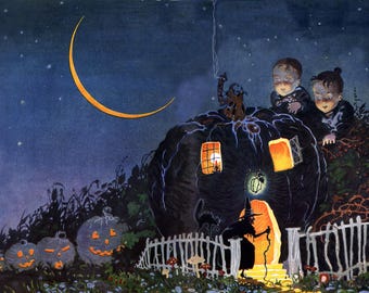 RARE! Vintage Halloween Illustration Art Print: Bogie Book, Witch & Pumpkin (Digital Download) 2 Versions/1 Price!