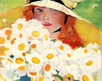 Vintage 1920s Magazine Cover Art: Girl with Daisies (Digital Download)