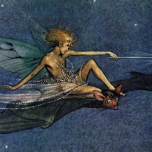 Ariel Auf Seiner Fledermaus-Die komplette Illustration! Digitale FEE Vintage Illustration. DIGITALE Fee als Download. VINTAGE Fee Digitaldruck.