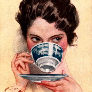 Edwardian Lady Has Tea: Vintage Harrison Fisher Illustration Art Print (Digital Download)