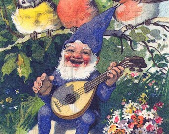 Rare. Cheery GNOME Sings With His Bird Pals. Vintage Fairy Digital Download. Vintage Gnome Digital Illustration.