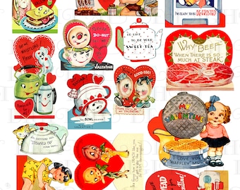Könnte beinhalten: Eine Sammlung von Vintage-Valentinstagskarten mit verschiedenen Illustrationen und Botschaften. Die Karten sind auf rotem, rosa und weißem Papier gedruckt und zeigen Bilder von Herzen, Tieren und Essen. Einige der Botschaften auf den Karten lauten: "Howdy Pop", "Why Beef", "I'd Go So Well Together", "Just A Weenie", "Why The Frigidaire Valentine?", "I'm Ready To Be Defrosted", "Got Me Whistling", "Percolate For Me", "Do-Nut Say No", "I'd Like To Be Your Sweet-Tea", "You're A Good Egg", "Hope You'll Be My Valentine", "I'm In Jam Some Over You", "Preserve Your Love For Me", "It's True I've "Kvead" You For My Valentine!" and "I Love You Waffley Much".
