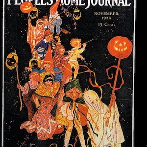 May include: Three Halloween-themed charms: a gold-colored trick or treat bucket, a silver-colored ghost, and a gold-colored mask. The charms are hanging from chains and are displayed against a background of a vintage Halloween magazine cover featuring children in costumes.