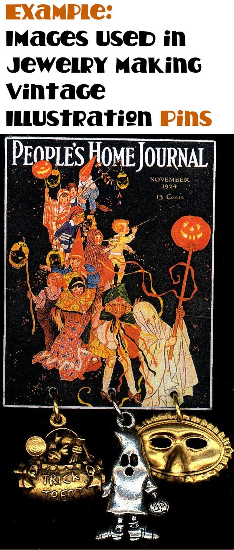 May include: Three Halloween-themed charms: a gold-colored trick or treat bucket, a silver-colored ghost, and a gold-colored mask. The charms are hanging from chains and are displayed against a background of a vintage Halloween magazine cover featuring children in costumes.
