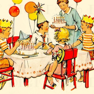 Festa de aniversário infantil colorida dos anos 1950. Cartão de ANIVERSÁRIO digital vintage. Ilustração vintage de aniversário retrô. Cartão de aniversário DIGITAL Download