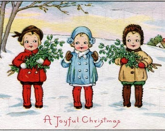 Vintage Weihnachtsillustration: 3 fröhliche Kinder (Digitaler Download)
