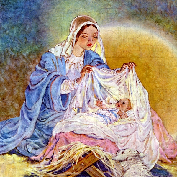 Virgin Mary and Baby JESUS 1940s Illustration. VINTAGE Digital CHRISTMAS Illustration. Christian Vintage Illustration Digital Download.