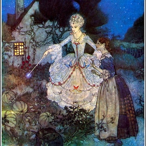De la primera edición. Cenicienta y la hada madrina. Ilustración DIGITAL vintage de cuento de hadas. Descarga digital. Edmund Dulac