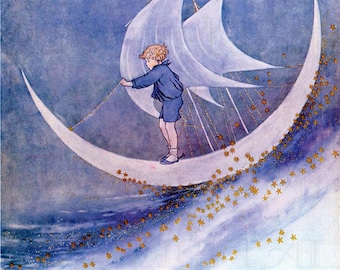 Verzauberter Junge, der auf Halbmond im sprudelnden Meer schwimmt! Märchen Vintage DIGITAL Illustration.  Digitaler Download. Märchen Digitaldruck.