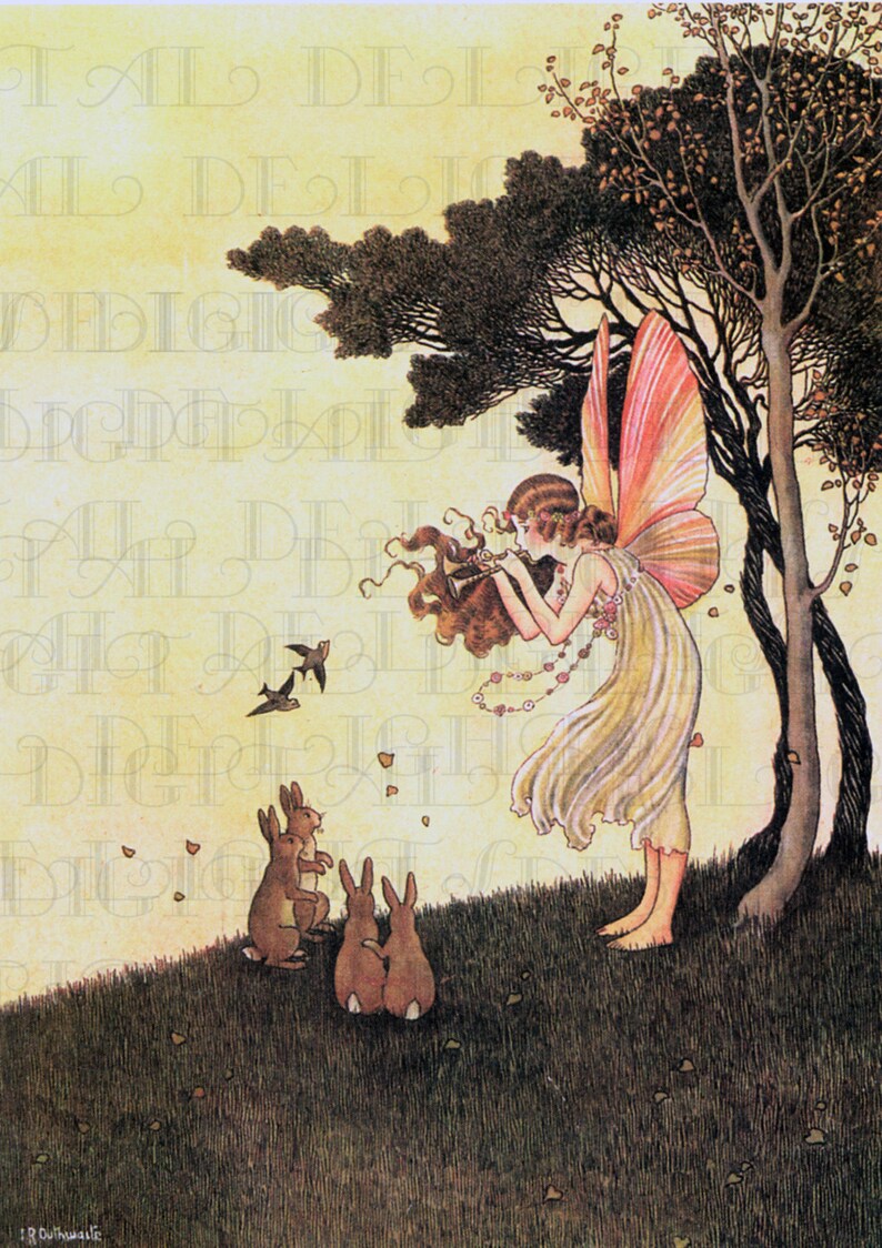 FAIRY Plays The Flute For Bunnies Fairy Vintage DIGITAL Etsy