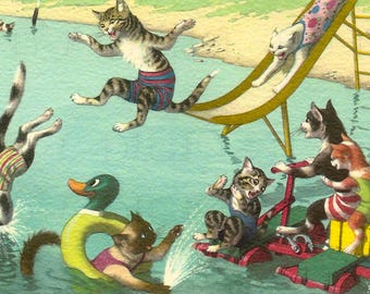 Vintage Comic Cats Pool Party Illustration: Digital Download
