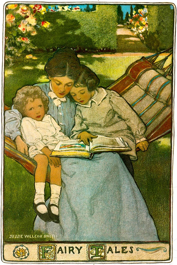 ジェシー・ウィルコックス・スミス作「読書する母と子」ヴィンテージ