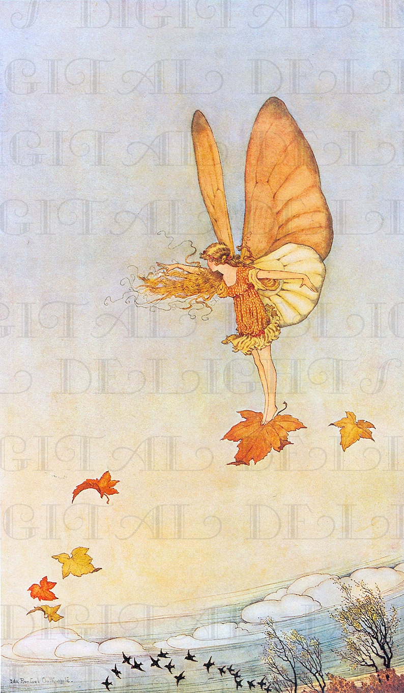 FAIRY Flies on Autumn Leaf  Vintage Fairy Painting. Fairy image 1