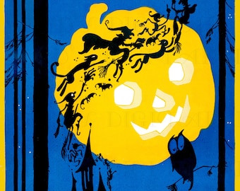 ZELDZAAM! Jack O Lantern Moon! Vliegende duiveltjes! Vintage Halloween-illustratie. Vintage digitale Halloween-download. Gescand uit ORIGINAL Magazine!