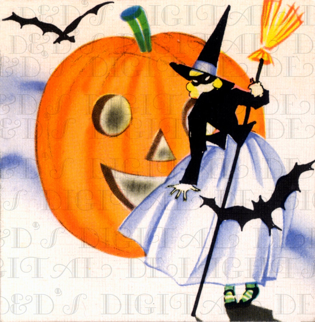 PRETTY Witch Art Deco Halloween Flapper. Vintage HALLOWEEN Illustration. Digital Halloween
