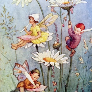 Fairy Writing On FLOWERS.  Vintage Book Plate Illustration. Fairy Digital Download. Vintage Digital PRINT