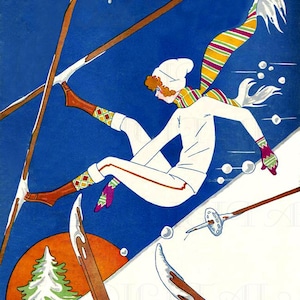 WHOOPS! Flapper Skiing Has a Mishap!  Vintage Art Deco Flapper Illustration. Flapper Digital Download. Art Deco Skiing Flapper Digital Print