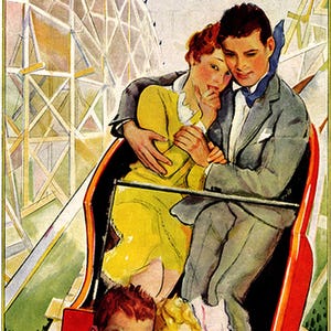 Vintage Roller Coaster Illustration: Romantic Couple, Amusement Park Print (Digital Download