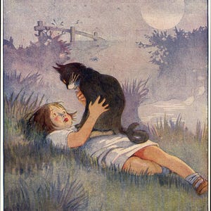 Ilustração comovente de uma gatinha querida que retornou e sua filhinha. Ilustração vintage. Download digital de gato. Honor Appleton