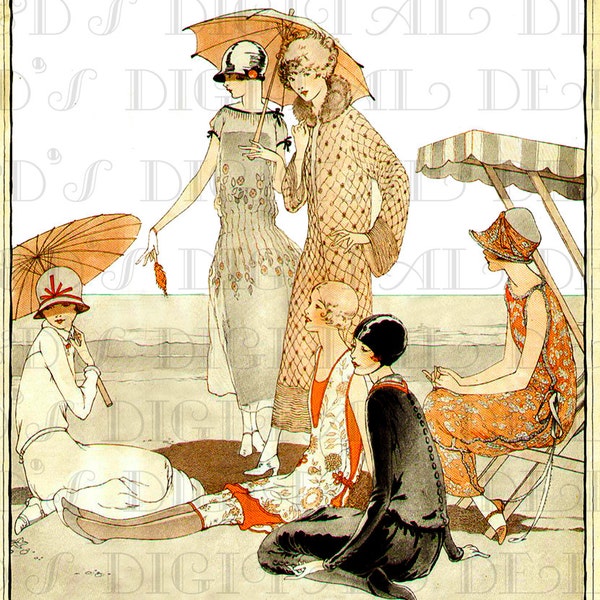 Flappers in Full Dress on The Beach. Art Deco Flapper VINTAGE  Illustration. DIGITAL Download. Flapper Print