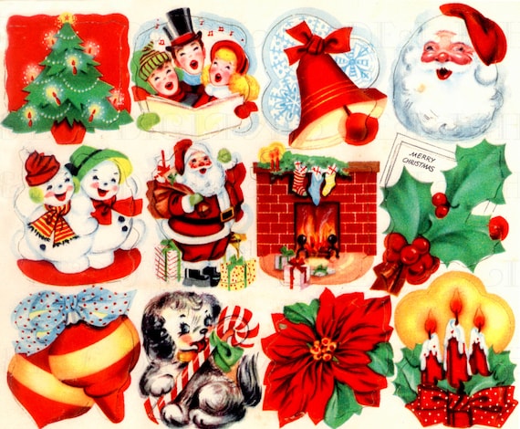 Retro DIGITAL Vintage Christmas STICKERS . Vintage Digital CHRISTMAS Illustrations. 1950s Digital Christmas Download. Digital Christmas Card