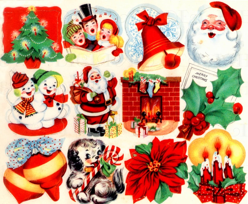 Retro DIGITAL Vintage Christmas STICKERS . Vintage Digital CHRISTMAS Illustrations. 1950s Digital Christmas Download. Digital Christmas Card image 1