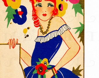 1920s Flapper With Red Curls Art Deco Illustration: Vintage Bridge Tally (Digital Download)