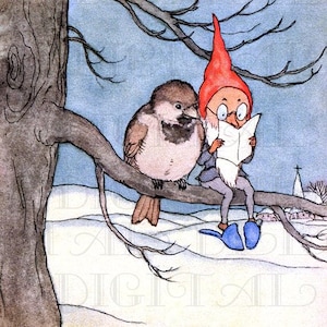 Little GNOME Reads With Bird! Fairy Vintage Illustration. Fairy Digital Download. Vintage Digital PRINT. Gnome Image.