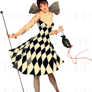 Fantastische harlekijn geklede FLAPPER. Vintage digitale afbeelding. Digitale afdrukbare afbeelding downloaden. Fantastisch voor uitnodigingen en kaarten!
