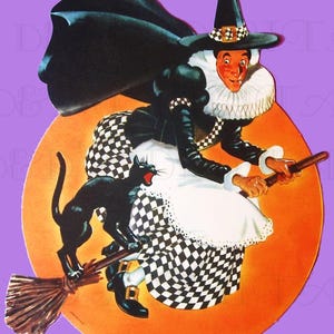 Stampa artistica con illustrazione di una strega volante d'epoca per Halloween (download digitale)