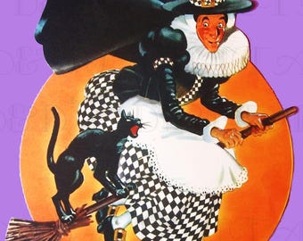 Vintage flygande häxa Halloween illustration konsttryck (digital nedladdning)