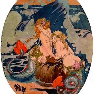 Double MERMAIDs!  Digital Mermaid VINTAGE Illustration. Digital Download. Vintage Mermaid Digital Print