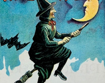 Vintage Halloween-häxillustration: Klassisk häxa, digital nedladdning