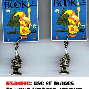 May include: A pair of earrings featuring a vintage illustration of a gnome holding a lantern, printed on a blue background with the text "John Martin's Book" and "The Child's Magazine".