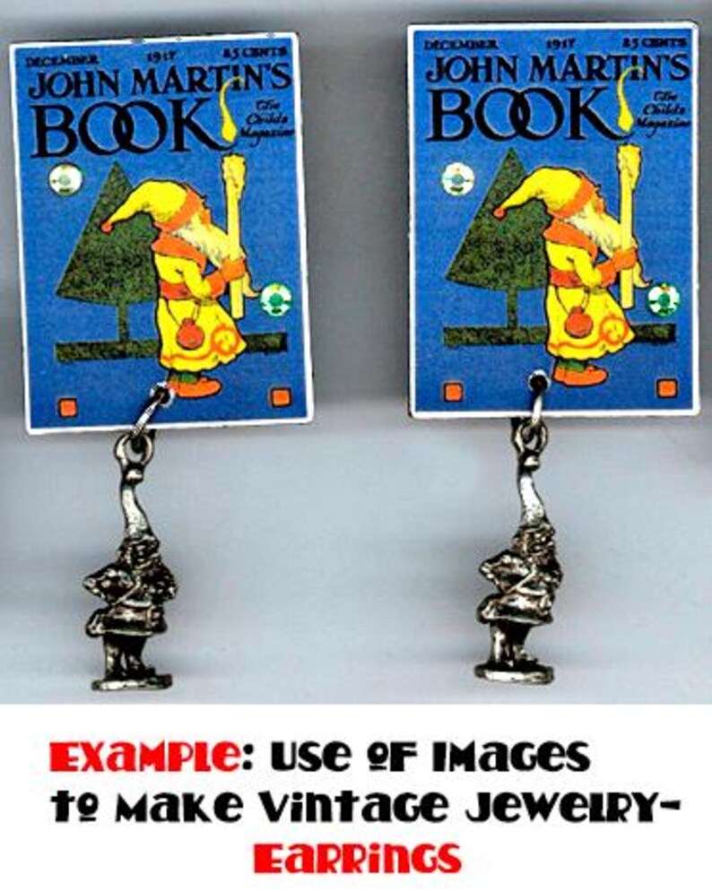 May include: A pair of earrings featuring a vintage illustration of a gnome holding a lantern, printed on a blue background with the text "John Martin's Book" and "The Child's Magazine".