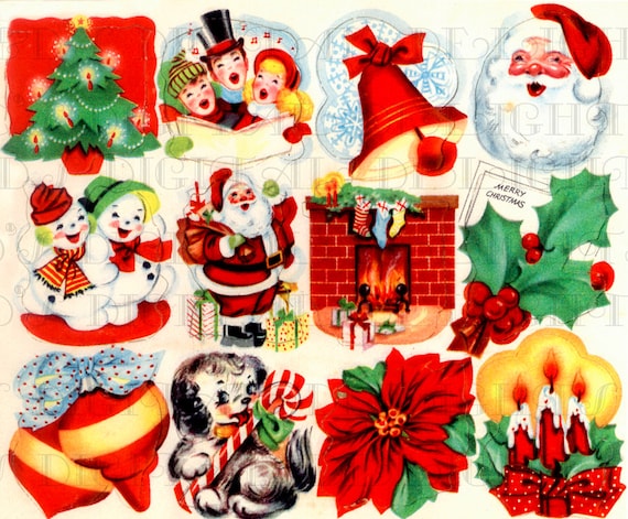 Retro DIGITAL Vintage Christmas STICKERS . Vintage Digital CHRISTMAS  Illustrations. 1950s Digital Christmas Download. Digital Christmas Card