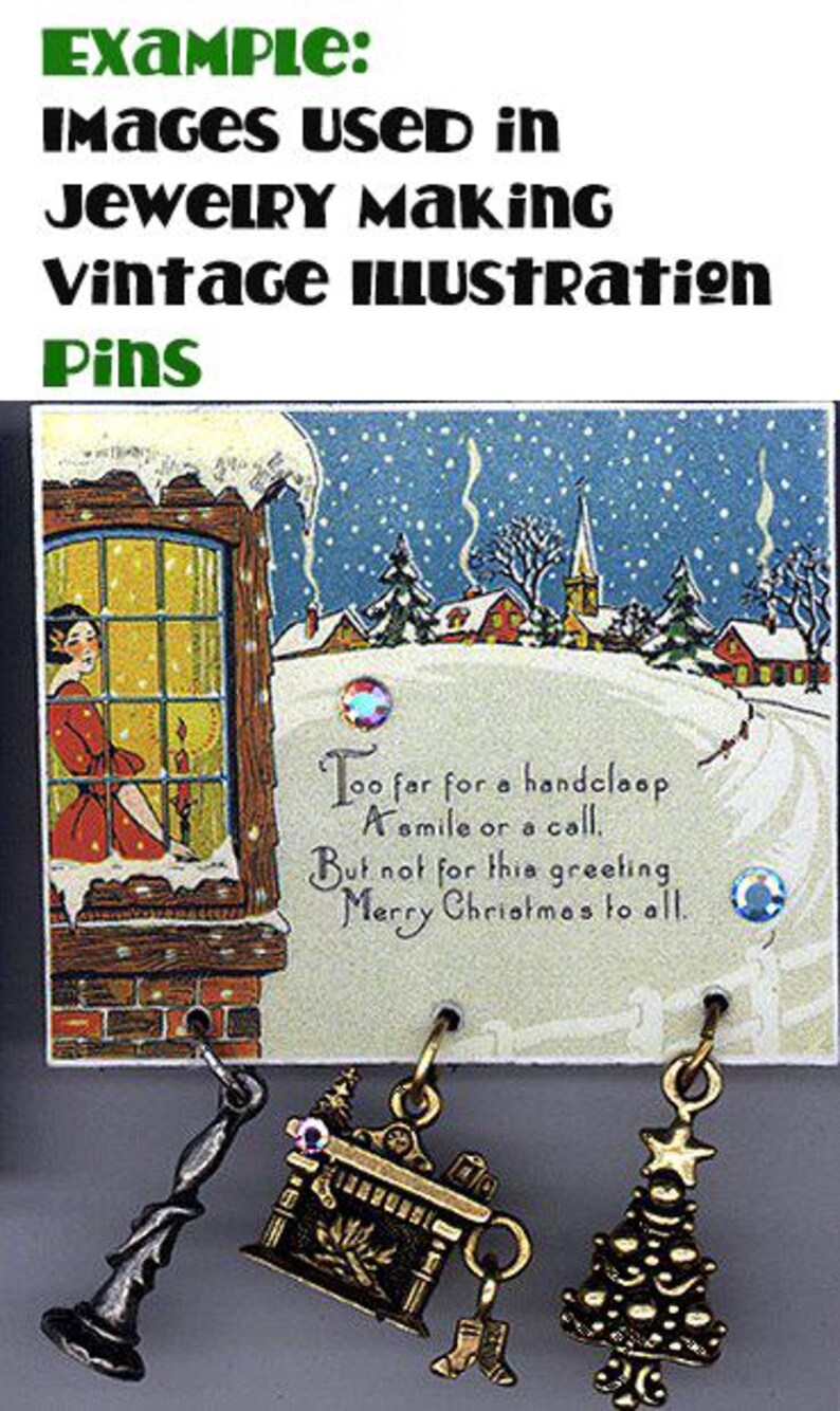 May include: A set of four vintage-style Christmas charm pendants. The charms are made of metal and feature a fireplace, a Christmas tree, a stocking, and a bell. The charms are hanging from a white card with the text "Too far for a handclap A smile or a call. But not for this greeting Merry Christmas to all."