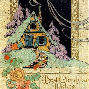 珍しい、希少なアールデコ調のクリスマスコテージ。デジタル ビンテージ コテージ クリスマス カードのイラスト。ビンテージ クリスマス カード デジタル ダウンロード。